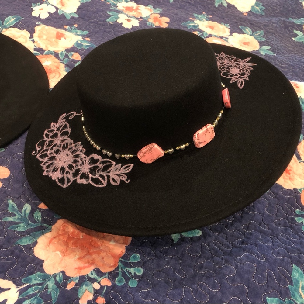 Hand painted Bobo Black Wide Brim Hat with Pink Accents